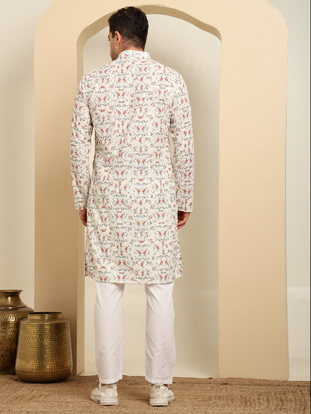 Chikankari Printed White Color Kurta Set – Men's Traditional Ethnic