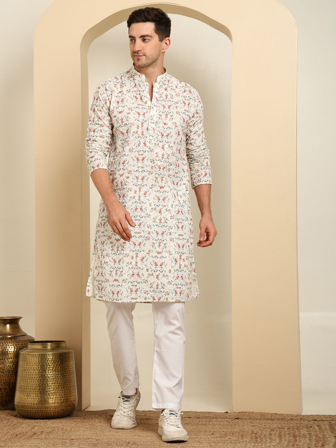 Chikankari Printed White Color Kurta Set – Men's Traditional Ethnic