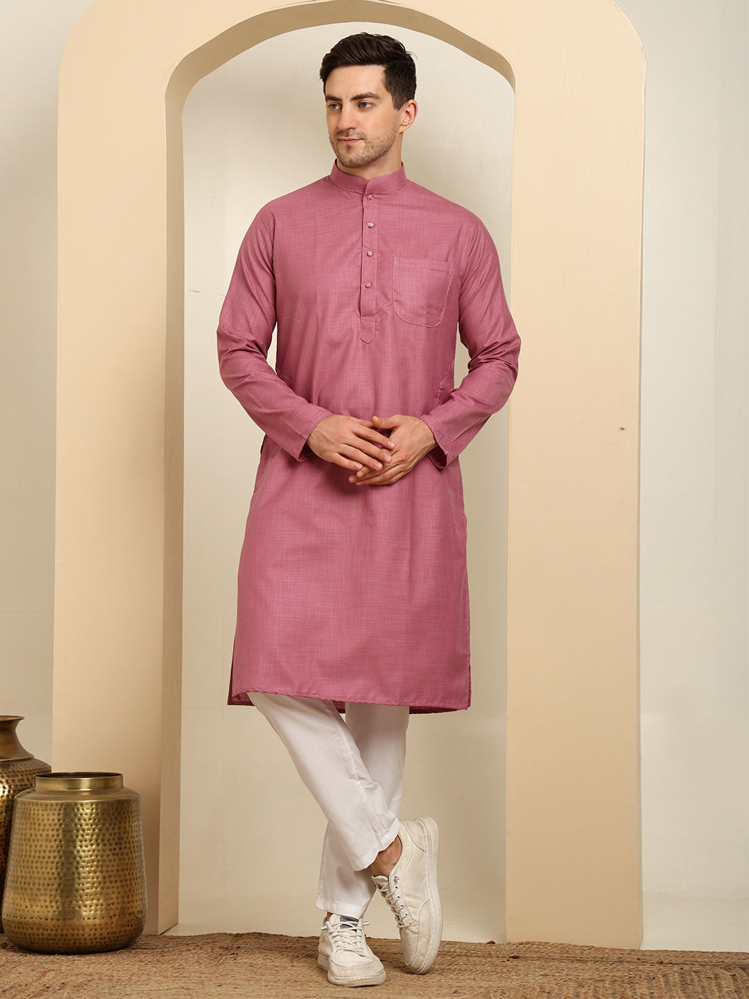 Rose Pink Men's Plain Kurta Pajama Set – Ruby Cotton Traditional Ethnic Wear