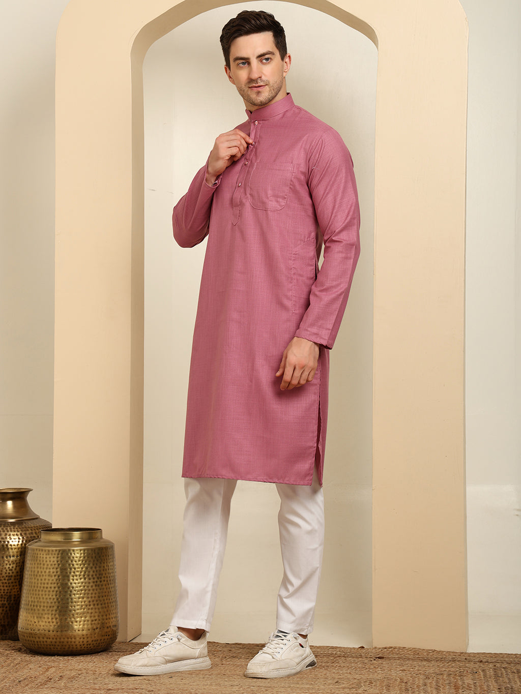Rose Pink Men's Plain Kurta Pajama Set – Ruby Cotton Traditional Ethnic Wear