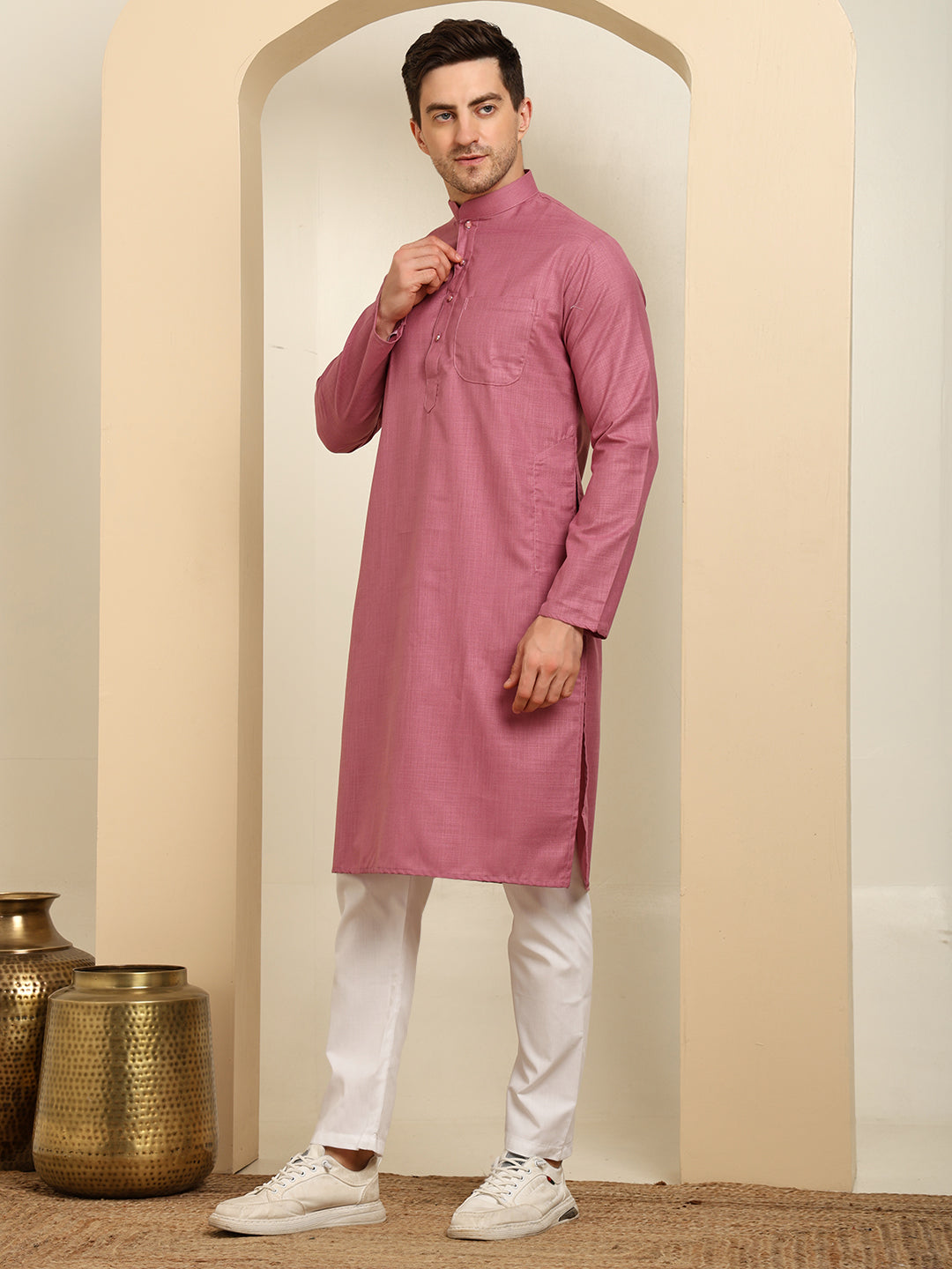 Rose Pink Men's Plain Kurta Pajama Set – Ruby Cotton Traditional Ethnic Wear