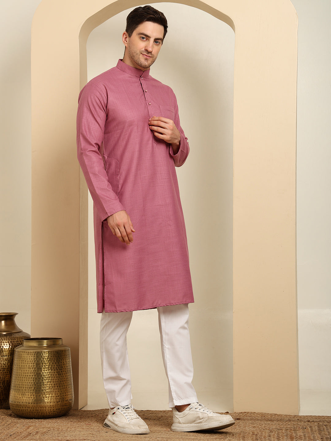 Rose Pink Men's Plain Kurta Pajama Set – Ruby Cotton Traditional Ethnic Wear