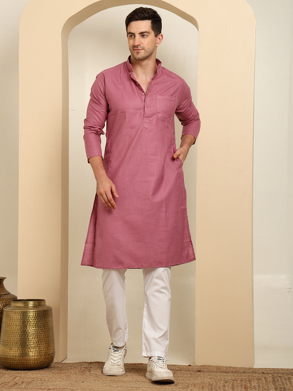 Rose Pink Men's Plain Kurta Pajama Set – Ruby Cotton Traditional Ethnic Wear