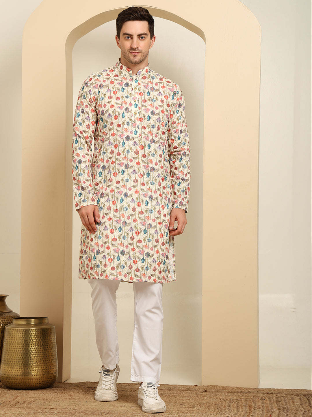 Multi-Shade Printed Cotton Kurta with White Pajama – Festive Ethnic Wear Set
