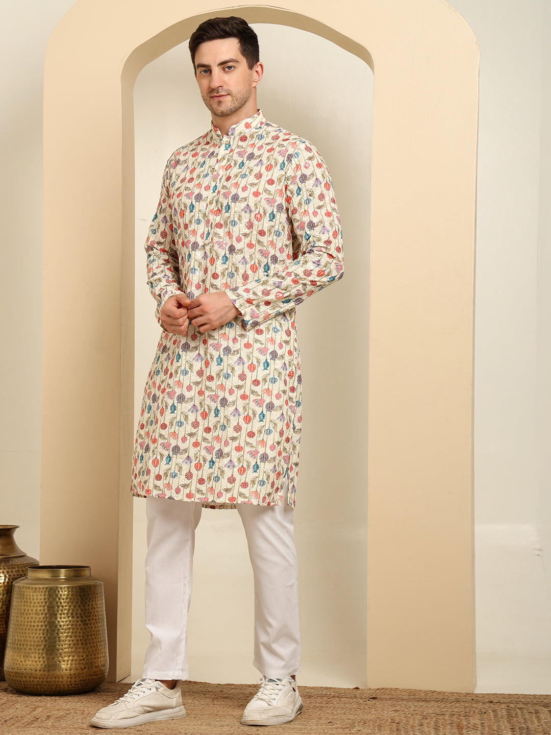 Multi-Shade Printed Cotton Kurta with White Pajama – Festive Ethnic Wear Set