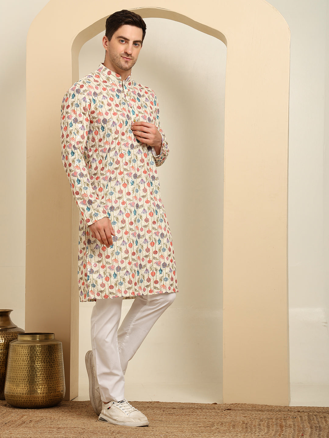 Multi-Shade Printed Cotton Kurta with White Pajama – Festive Ethnic Wear Set