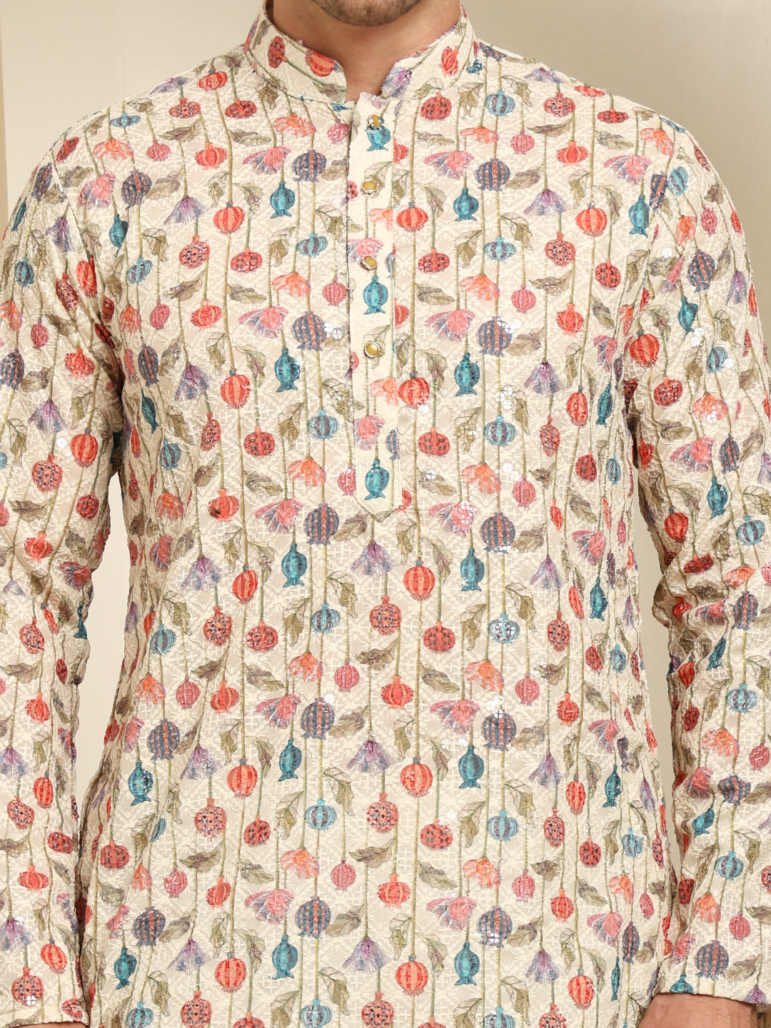 Multi-Shade Printed Cotton Kurta with White Pajama – Festive Ethnic Wear Set