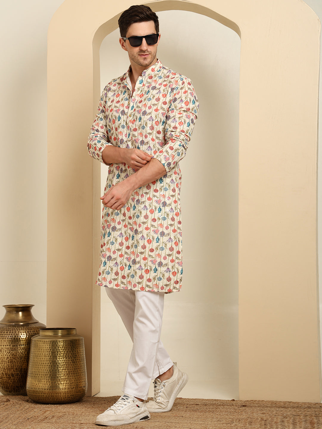 Multi-Shade Printed Cotton Kurta with White Pajama – Festive Ethnic Wear Set