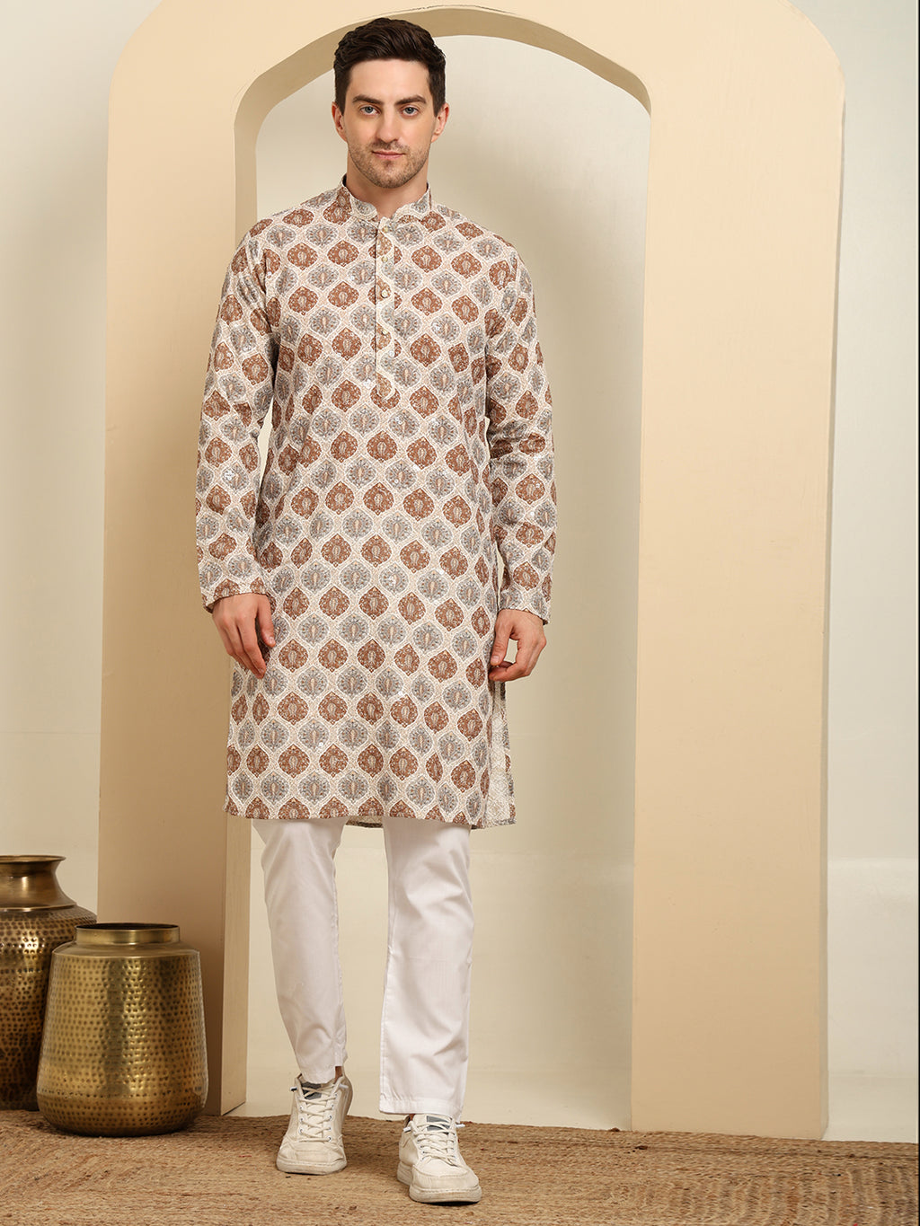 Chikankari Cotton Printed Kurta Pajama Set – Traditional Ethnic Wear For Men