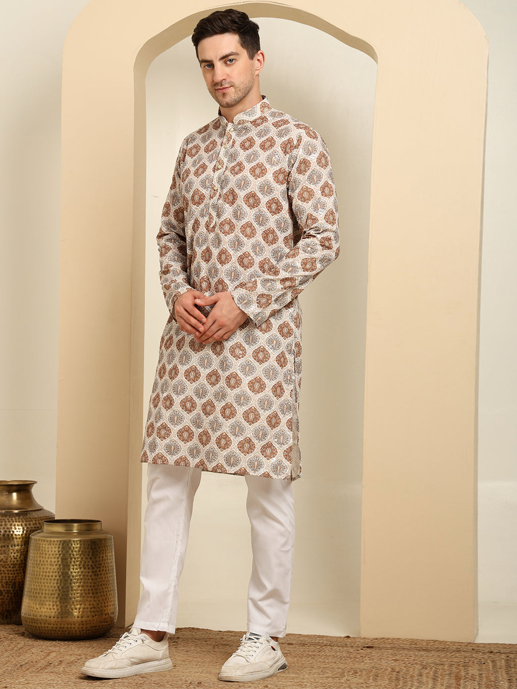 Chikankari Cotton Printed Kurta Pajama Set – Traditional Ethnic Wear For Men