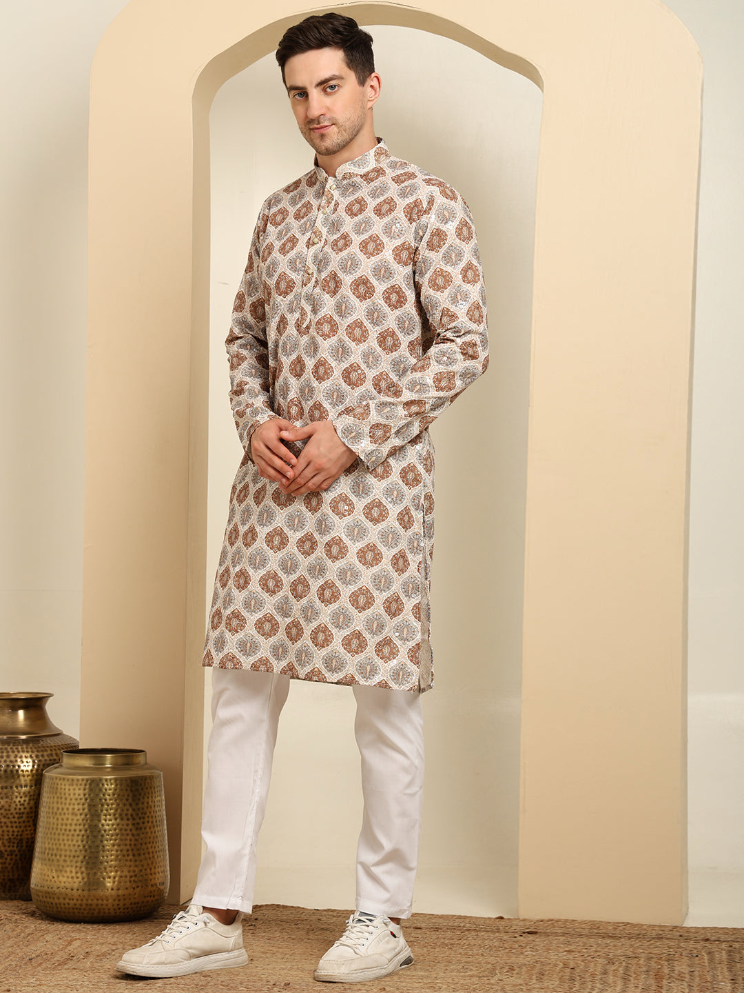 Chikankari Cotton Printed Kurta Pajama Set – Traditional Ethnic Wear For Men