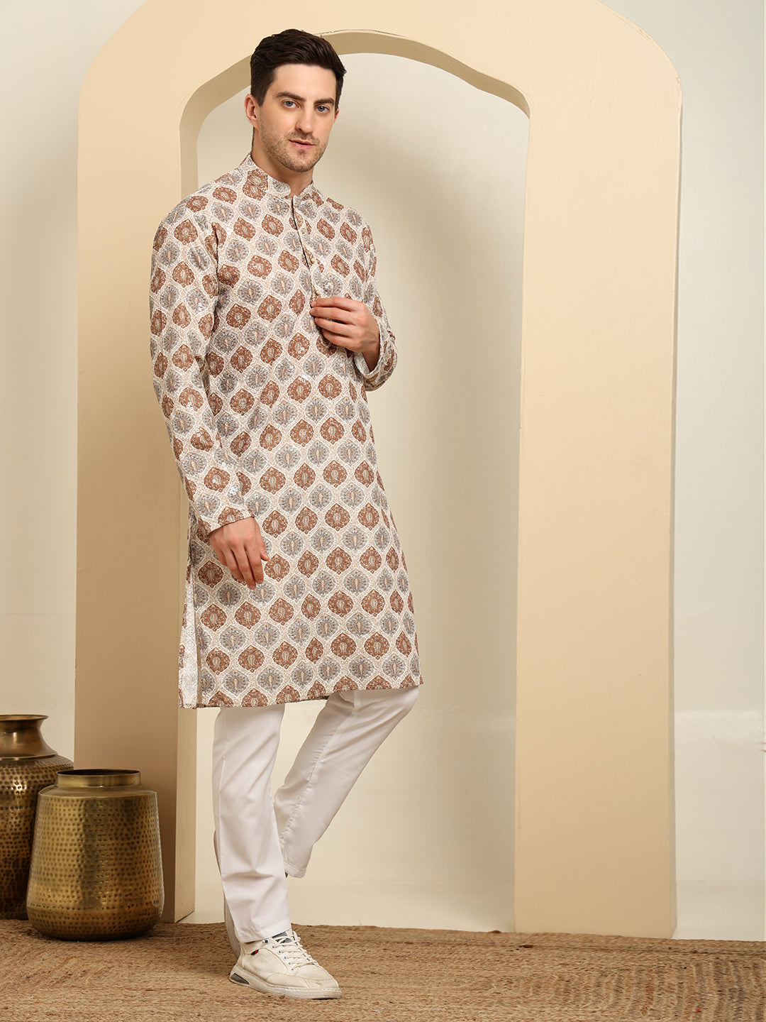 Chikankari Cotton Printed Kurta Pajama Set – Traditional Ethnic Wear For Men