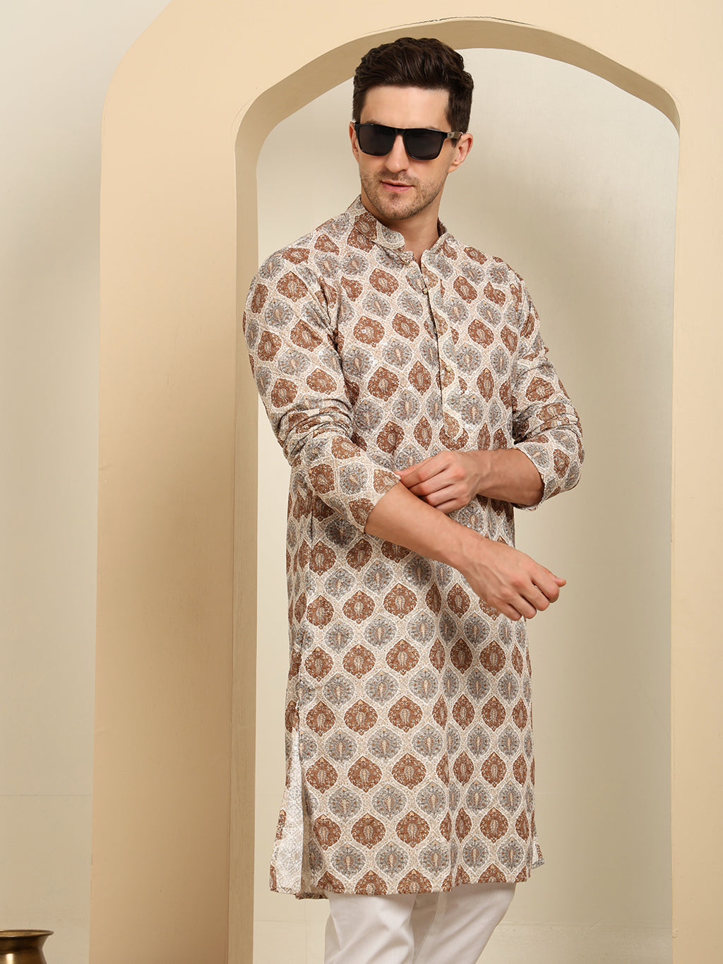 Chikankari Cotton Printed Kurta Pajama Set – Traditional Ethnic Wear For Men