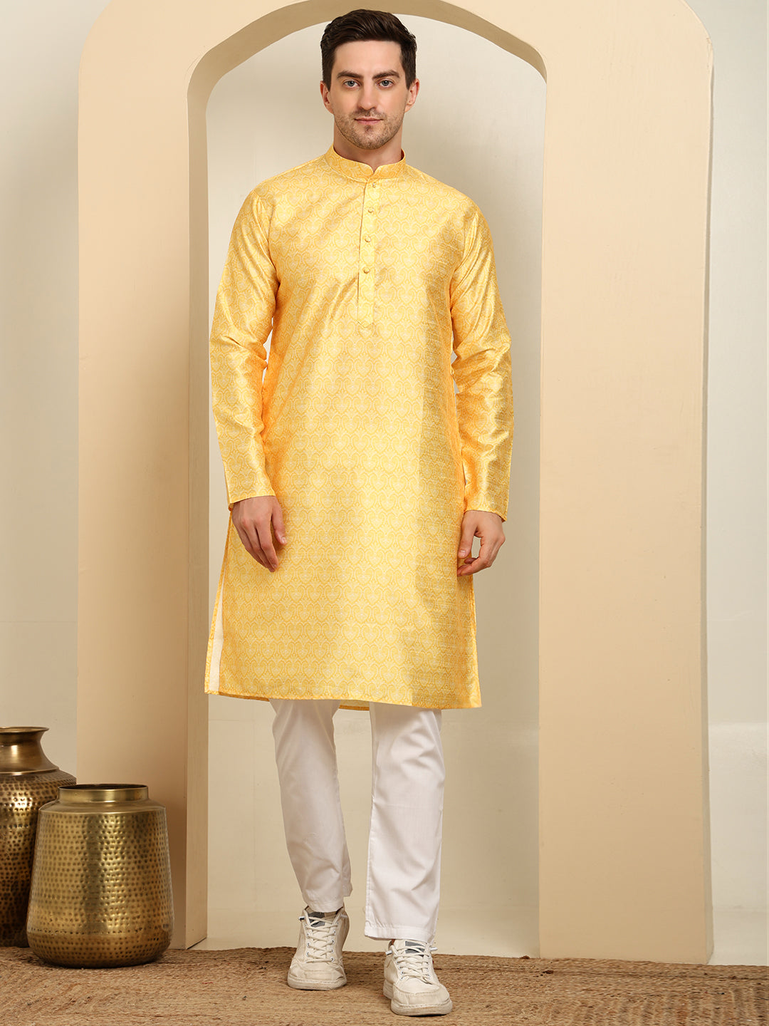 Yellow Silk Blend Printed Kurta Pajama Set for Men