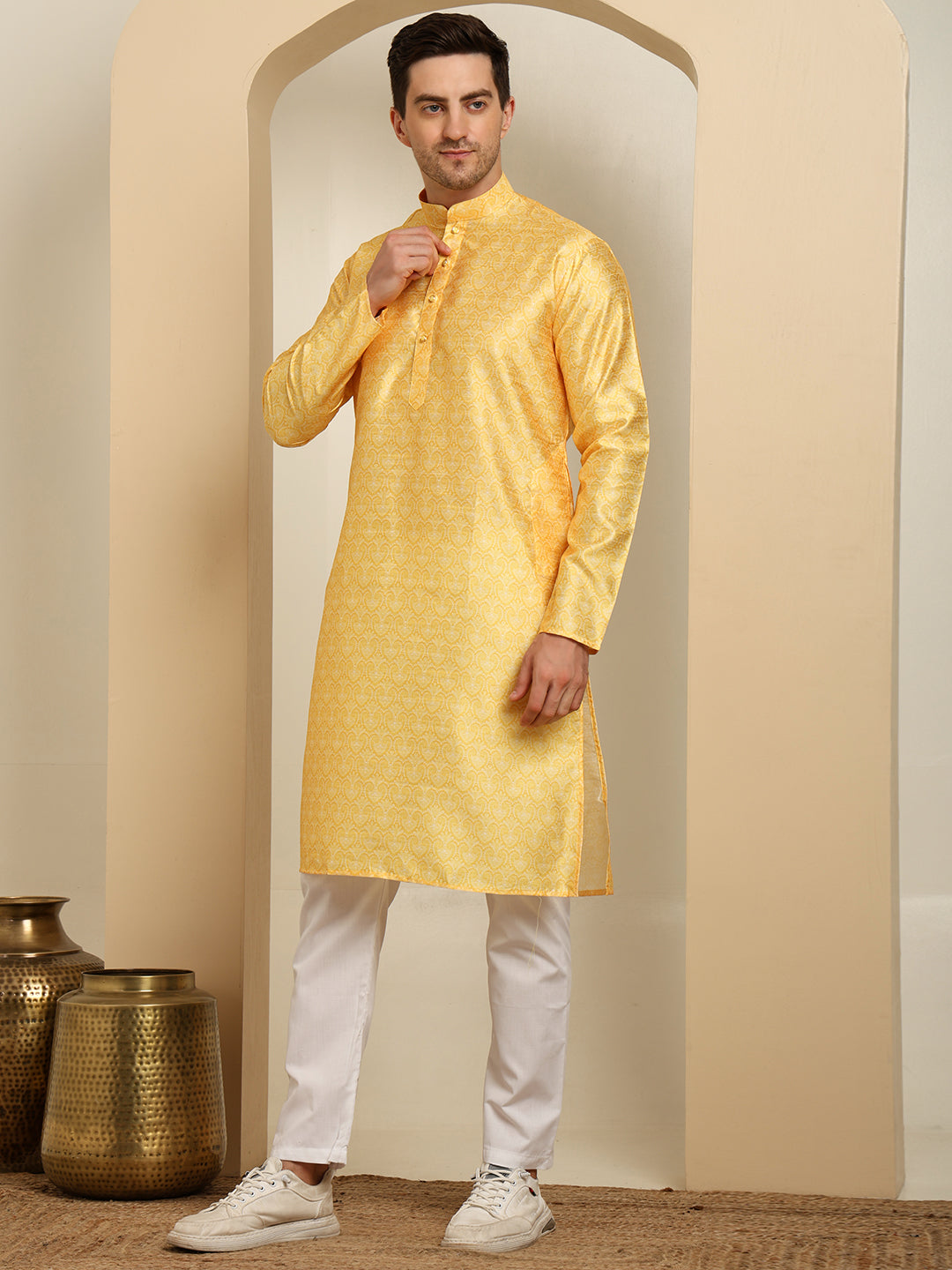 Yellow Silk Blend Printed Kurta Pajama Set for Men