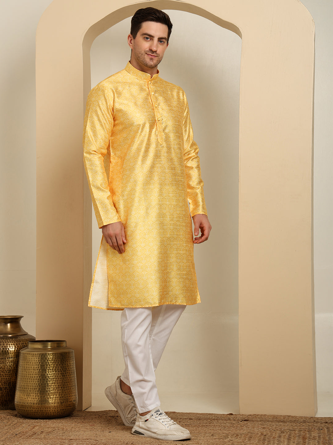 Yellow Silk Blend Printed Kurta Pajama Set for Men