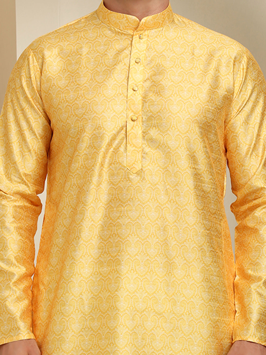 Yellow Silk Blend Printed Kurta Pajama Set for Men