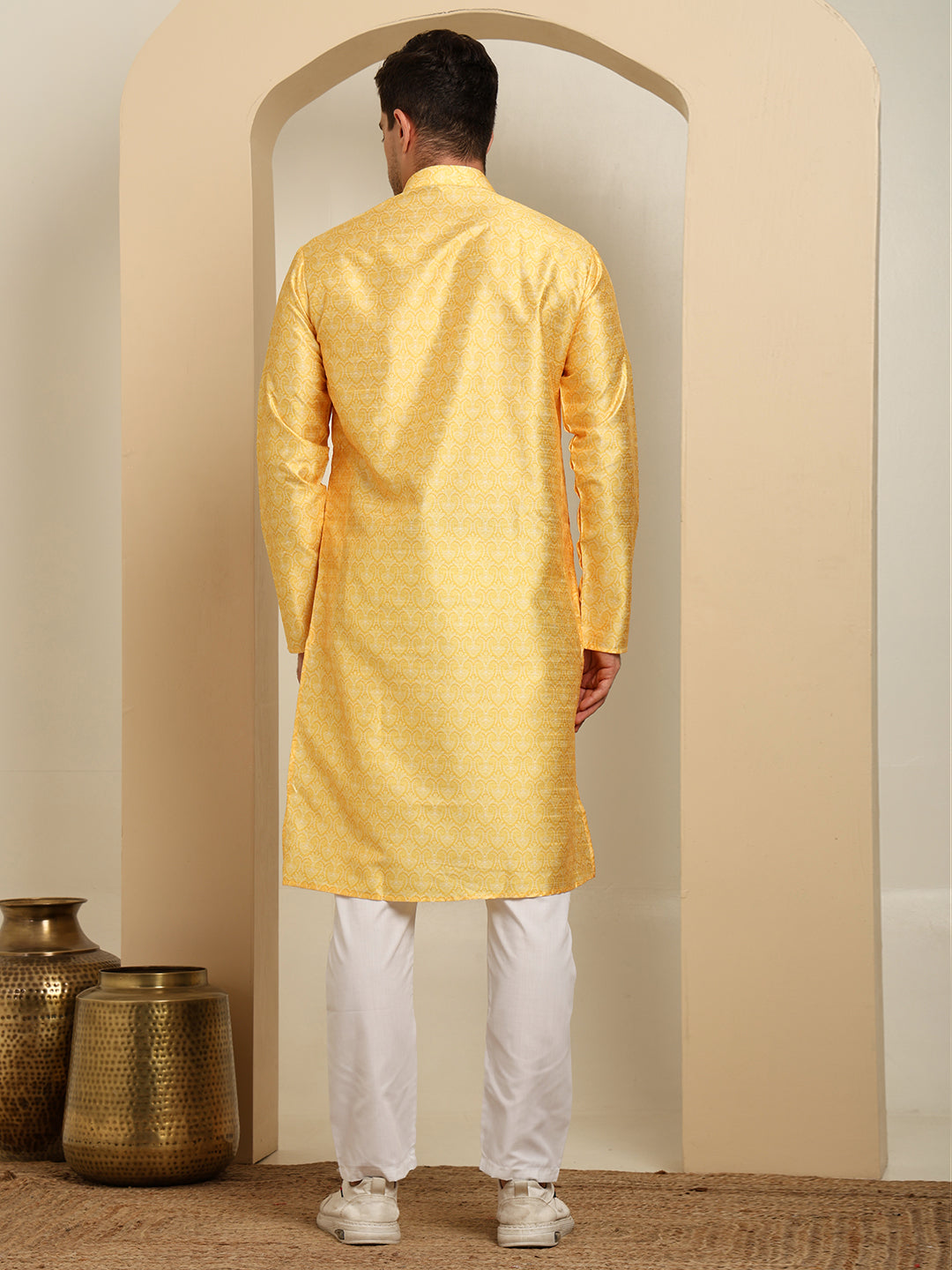 Yellow Silk Blend Printed Kurta Pajama Set for Men