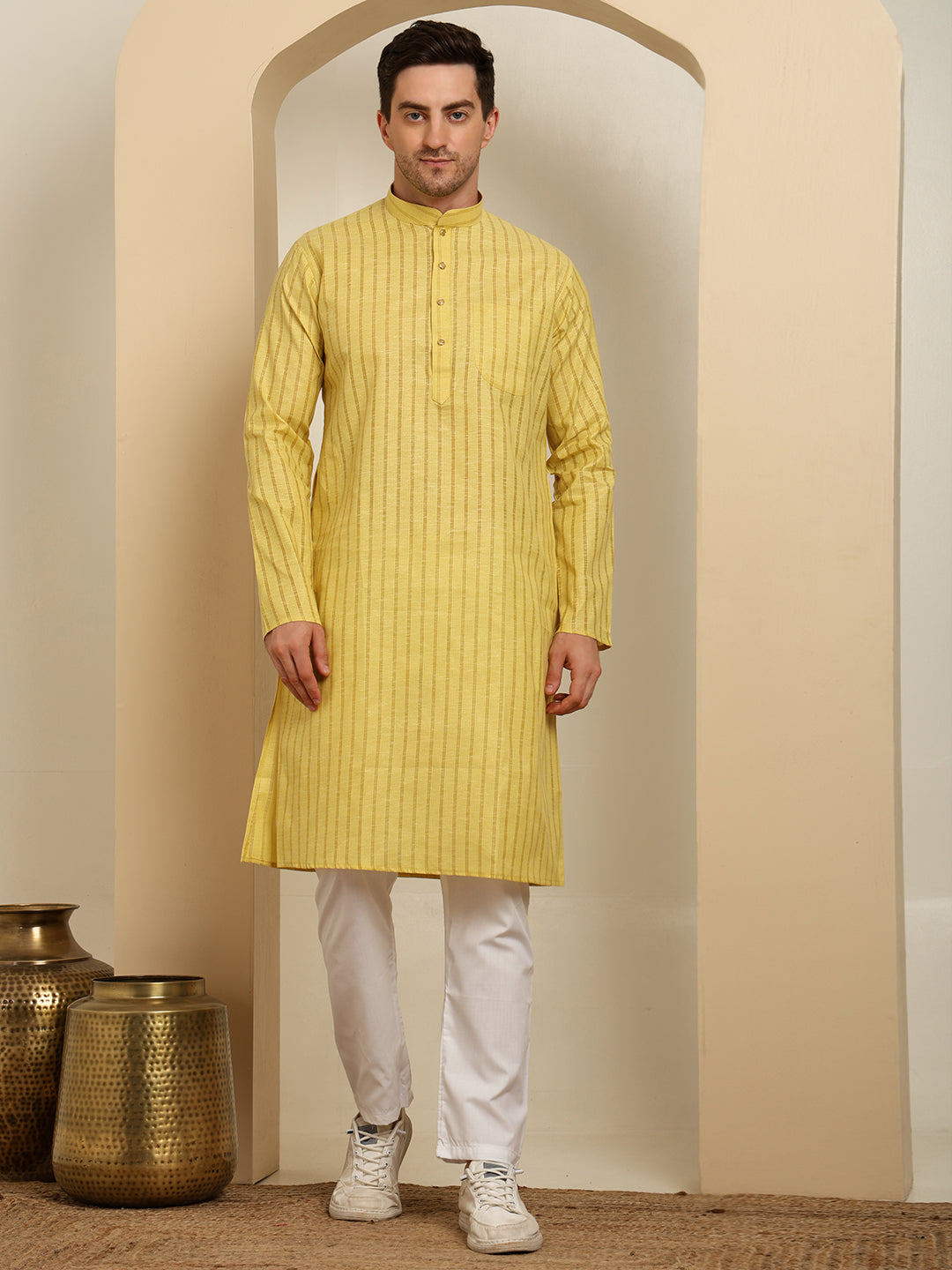 Light Yellow Striped Cotton Kurta with White Pajama – Classic Ethnic Wear Set