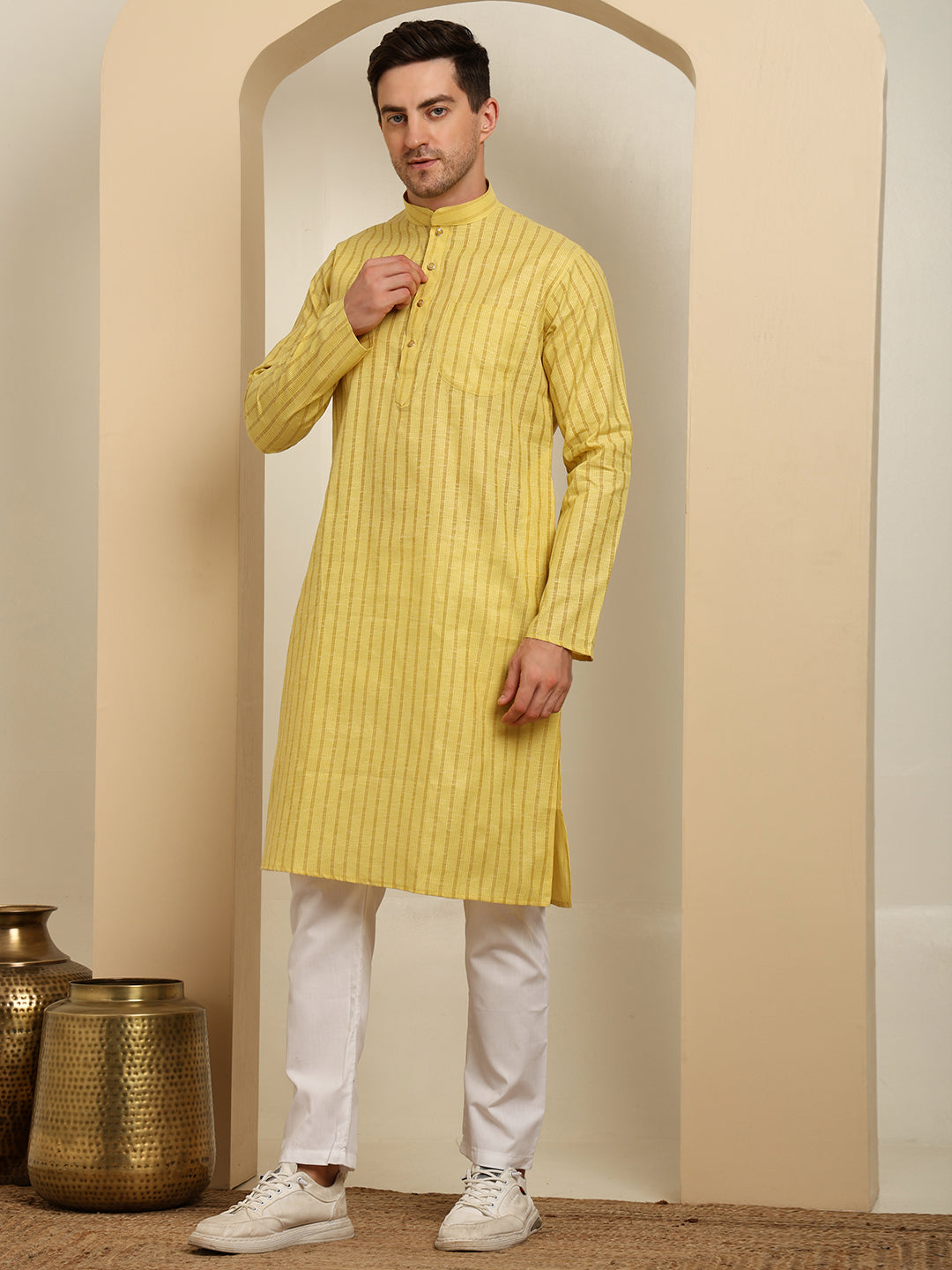 Light Yellow Striped Cotton Kurta with White Pajama – Classic Ethnic Wear Set
