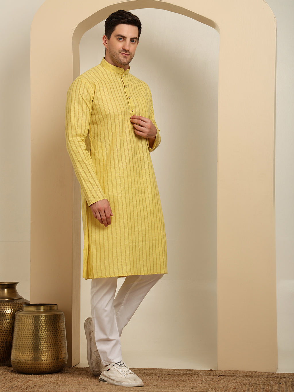 Light Yellow Striped Cotton Kurta with White Pajama – Classic Ethnic Wear Set