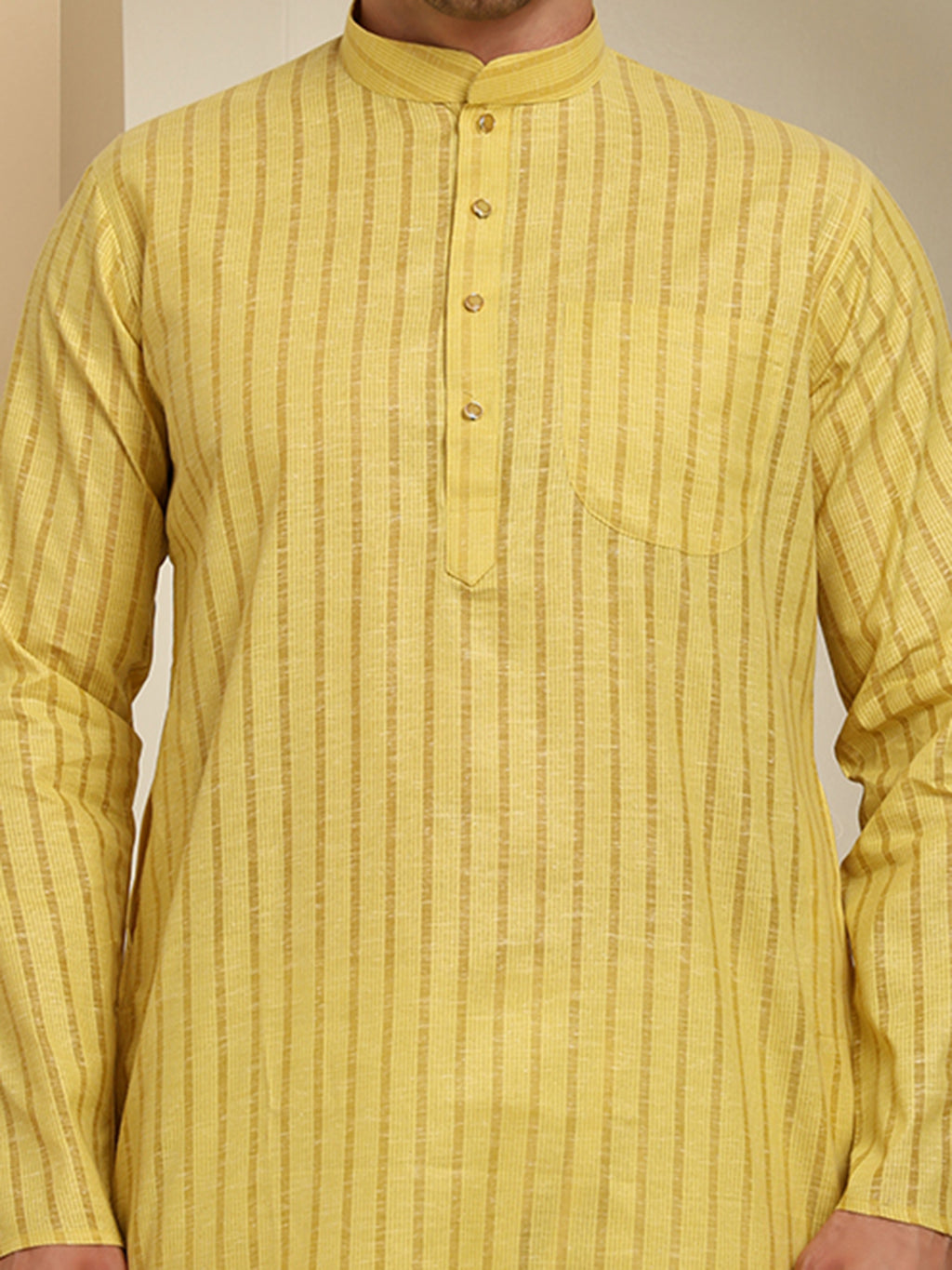 Light Yellow Striped Cotton Kurta with White Pajama – Classic Ethnic Wear Set