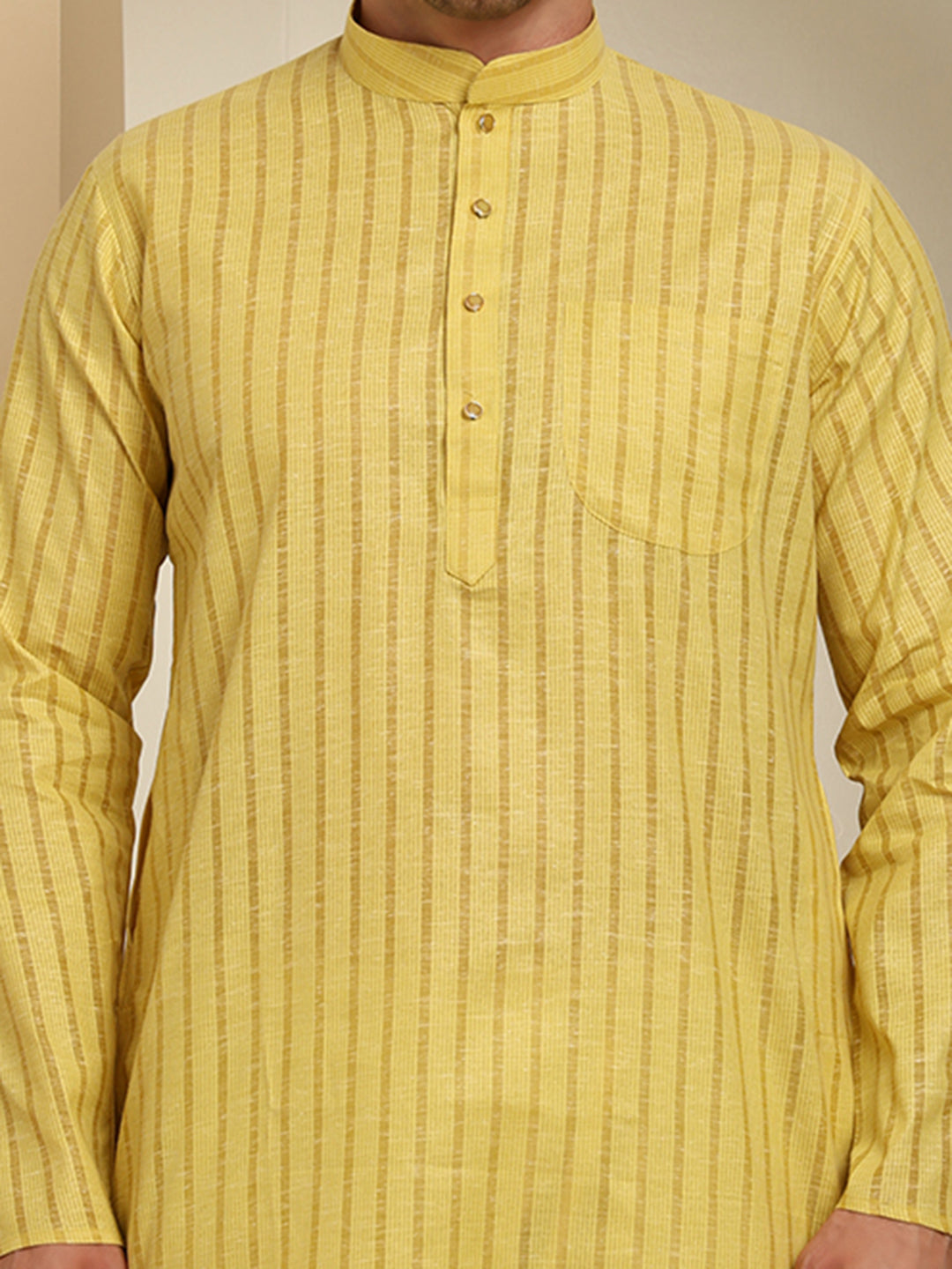 Light Yellow Striped Cotton Kurta with White Pajama – Classic Ethnic Wear Set