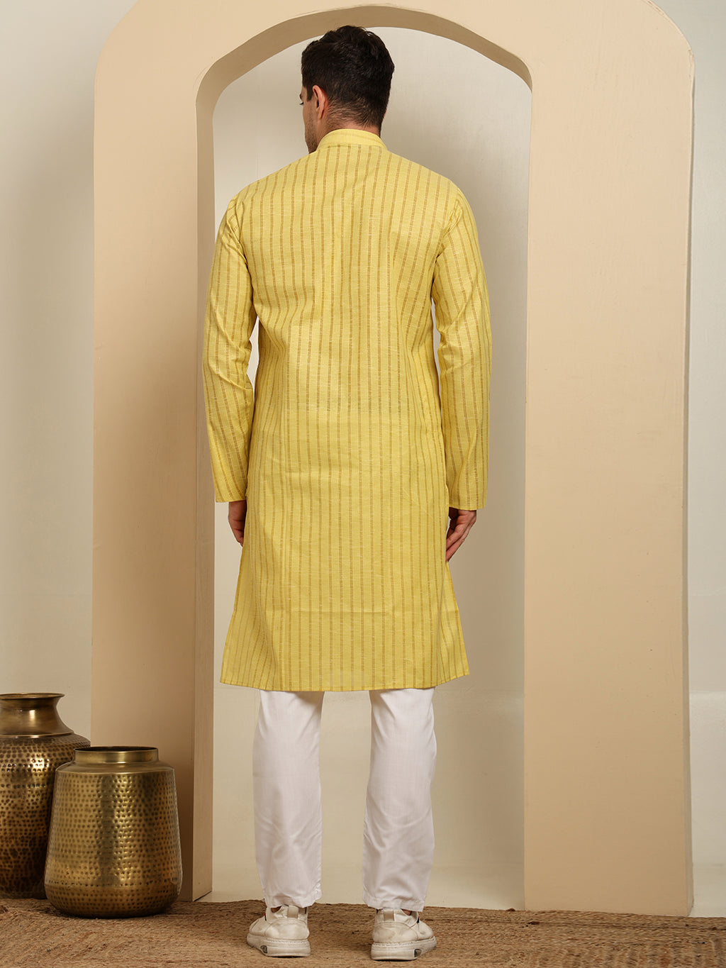 Light Yellow Striped Cotton Kurta with White Pajama – Classic Ethnic Wear Set