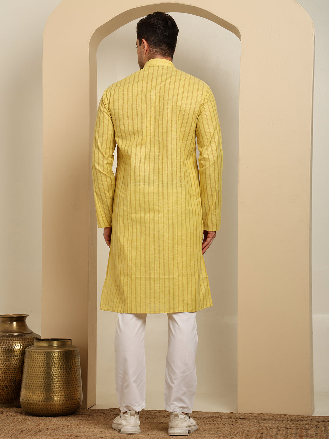 Light Yellow Striped Cotton Kurta with White Pajama – Classic Ethnic Wear Set