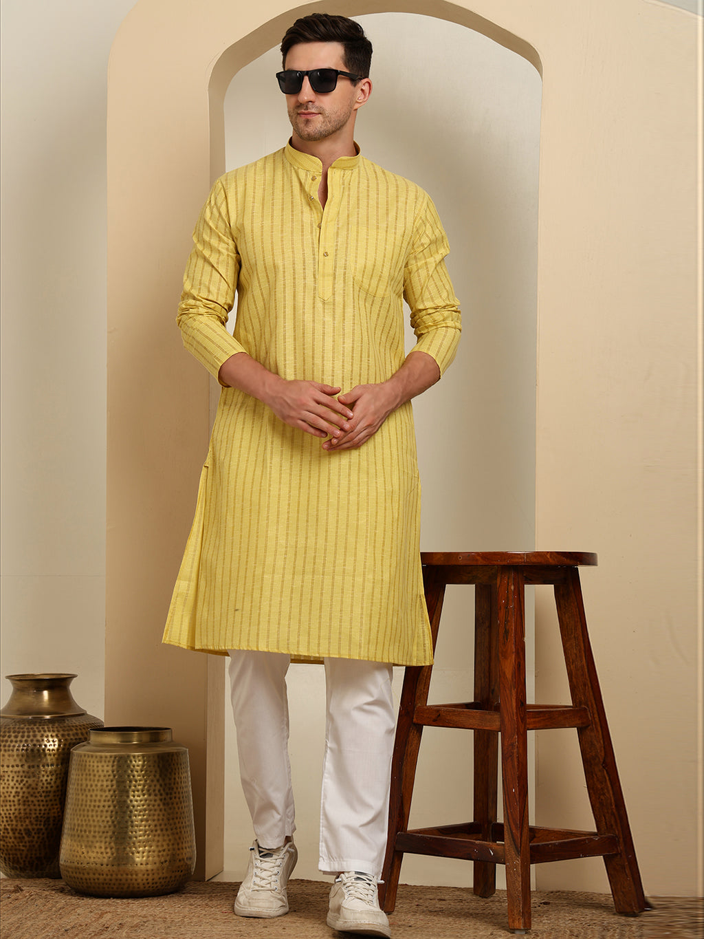 Light Yellow Striped Cotton Kurta with White Pajama – Classic Ethnic Wear Set