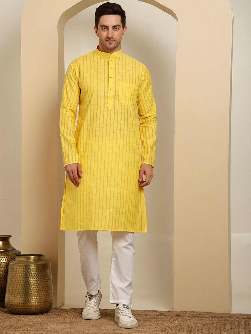 Yellow Striped Cotton Kurta with White Pajama – Classic Ethnic Wear Set