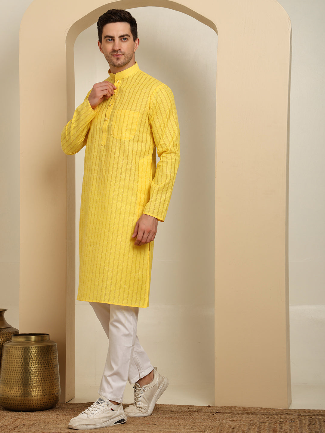 Yellow Striped Cotton Kurta with White Pajama – Classic Ethnic Wear Set