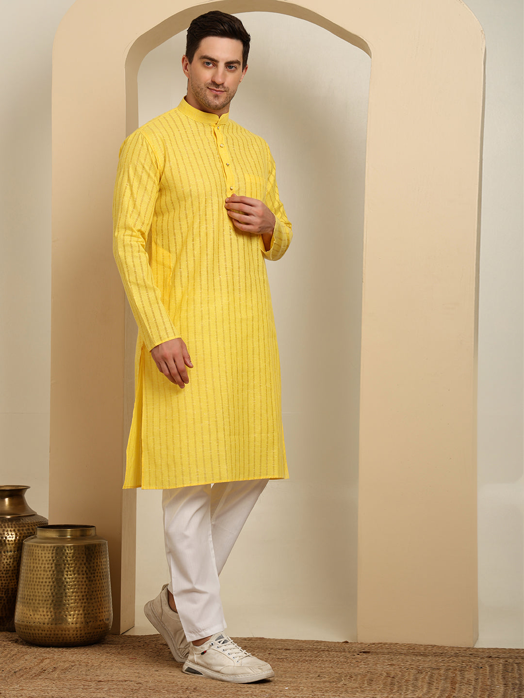 Yellow Striped Cotton Kurta with White Pajama – Classic Ethnic Wear Set