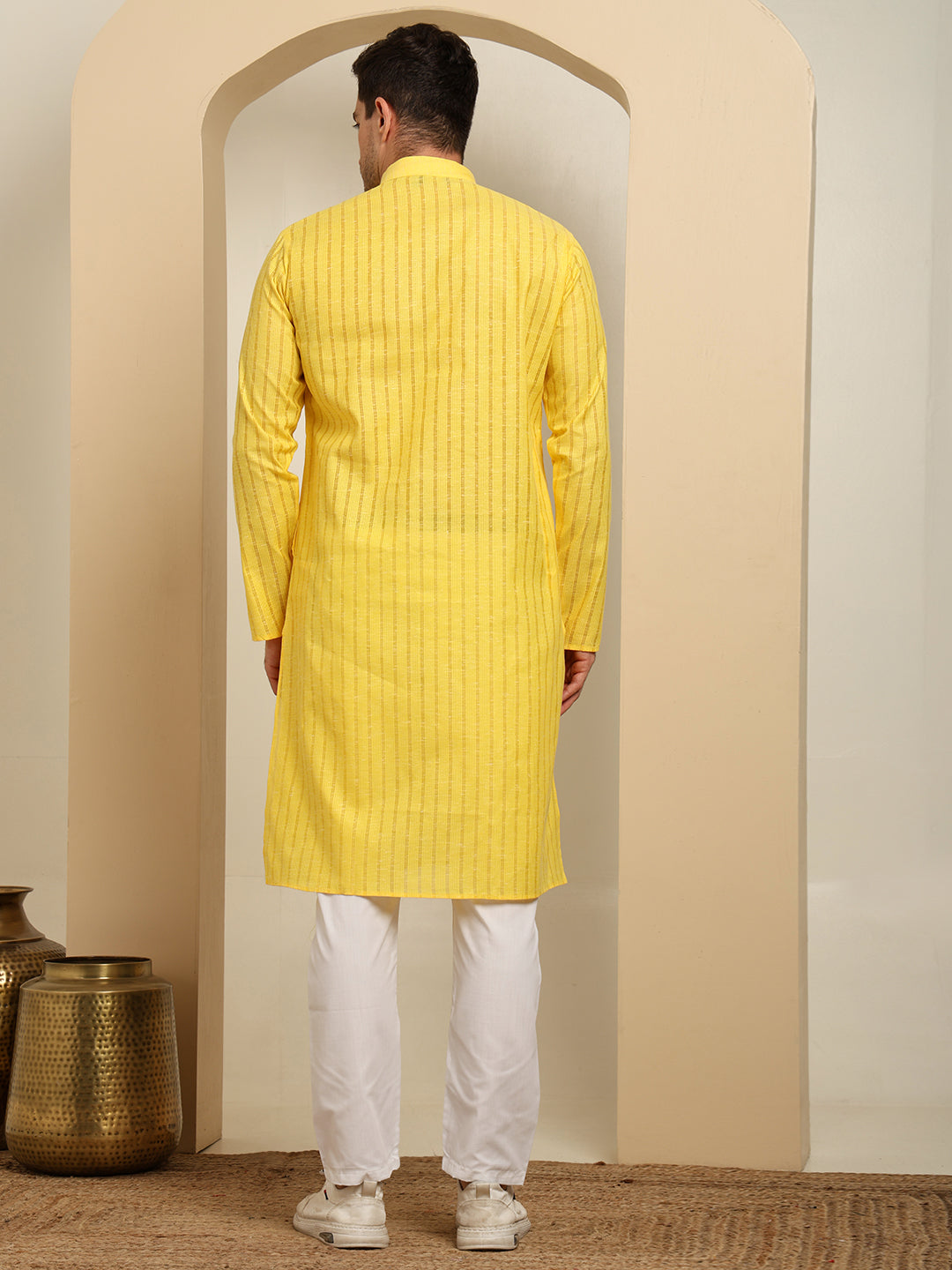 Yellow Striped Cotton Kurta with White Pajama – Classic Ethnic Wear Set