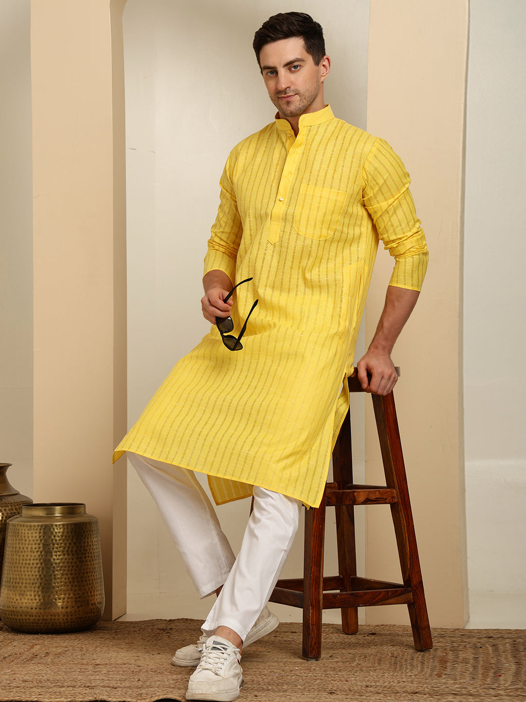 Yellow Striped Cotton Kurta with White Pajama – Classic Ethnic Wear Set