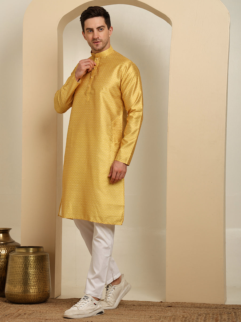 Golden Silk Blend Kurta Pajama Set for Men