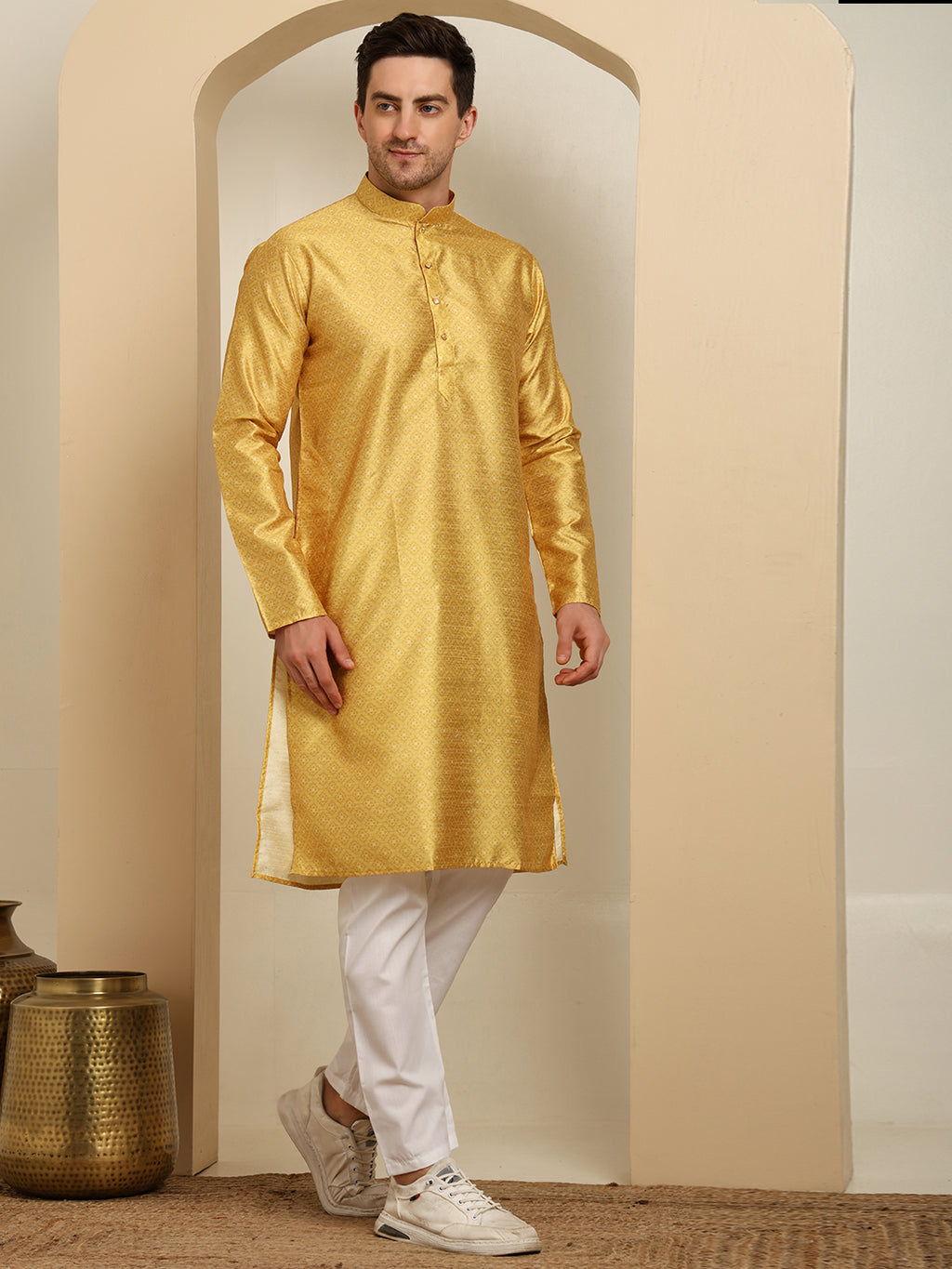 Golden Silk Blend Kurta Pajama Set for Men
