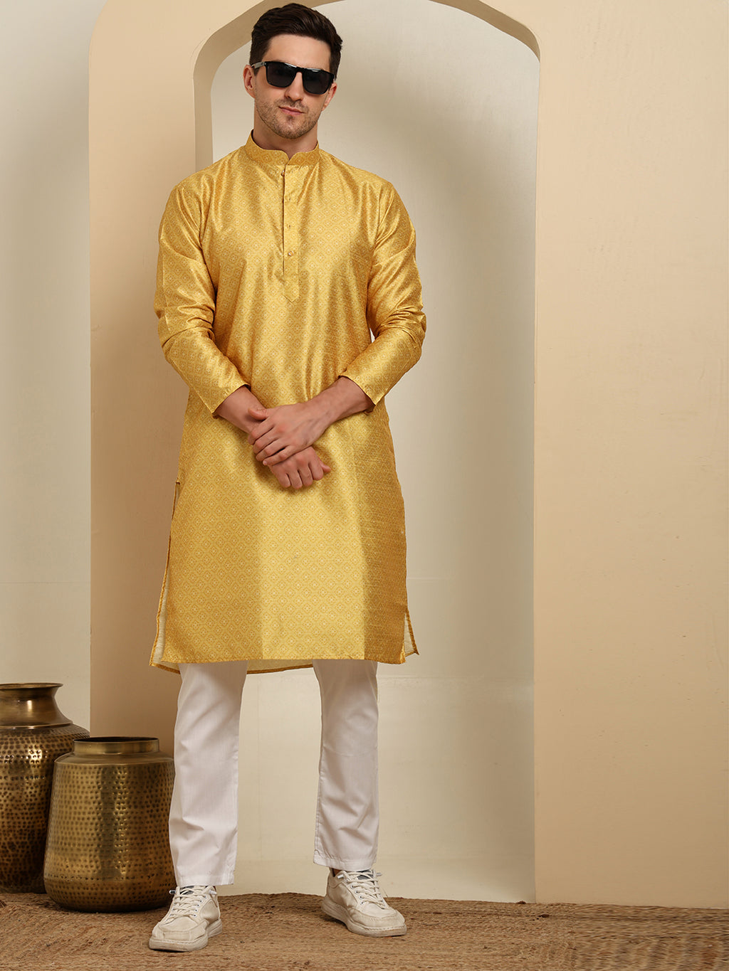 Golden Silk Blend Kurta Pajama Set for Men