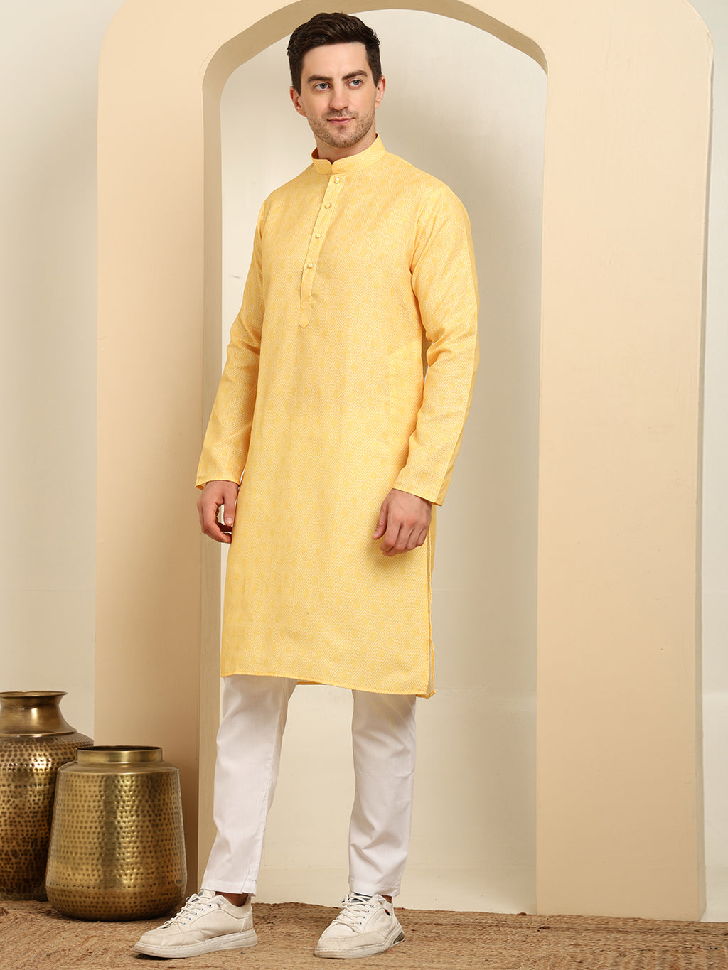 Geometric Printed Cotton Light Yellow Kurta with White Pajama – Ethnic Wear Set