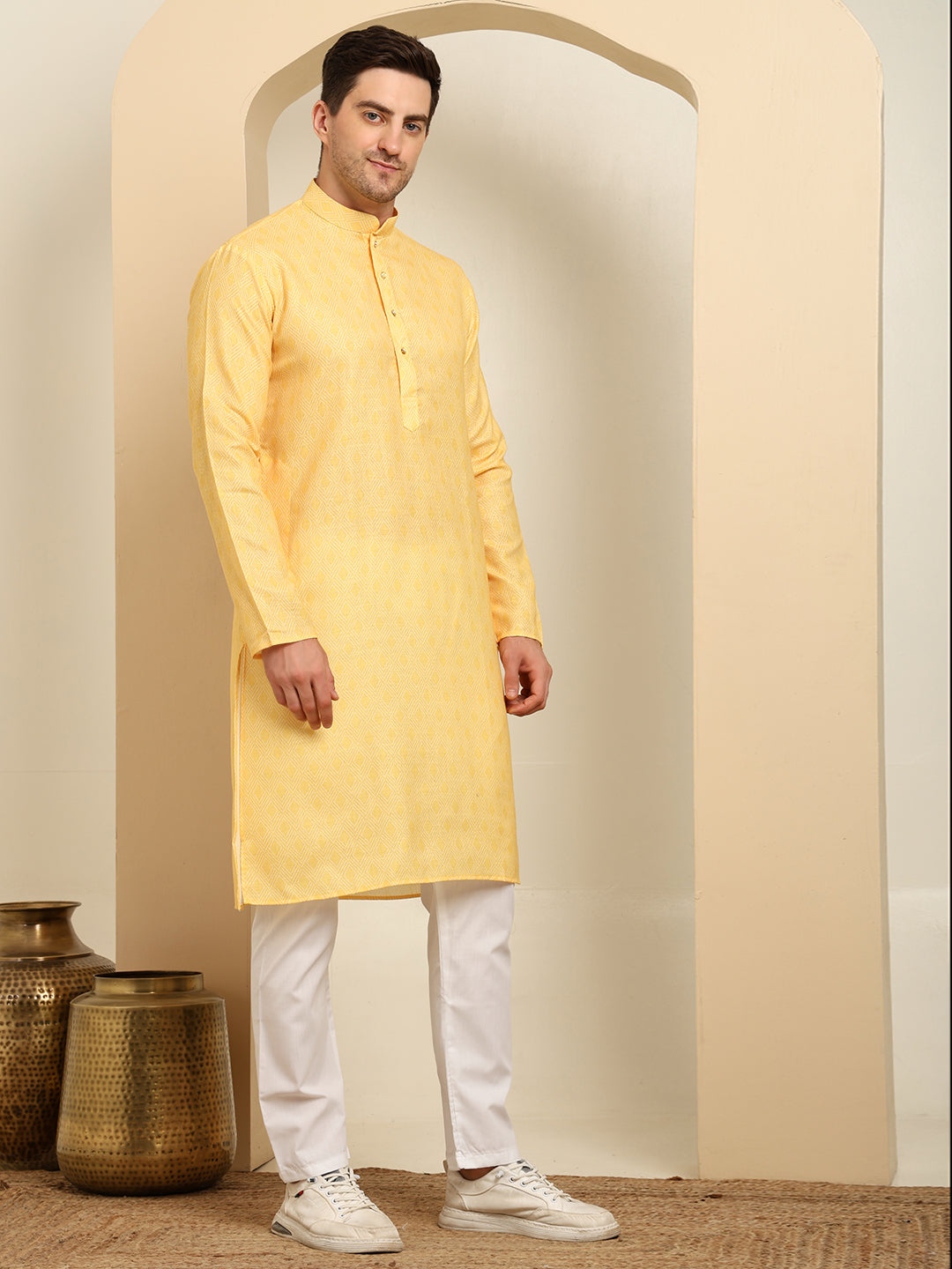 Geometric Printed Cotton Light Yellow Kurta with White Pajama – Ethnic Wear Set