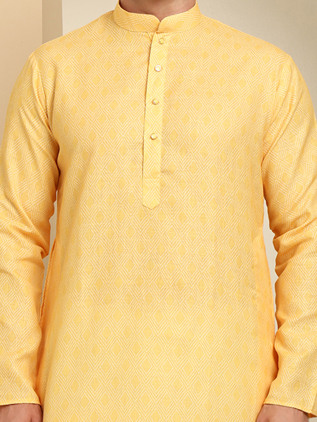 Geometric Printed Cotton Light Yellow Kurta with White Pajama – Ethnic Wear Set