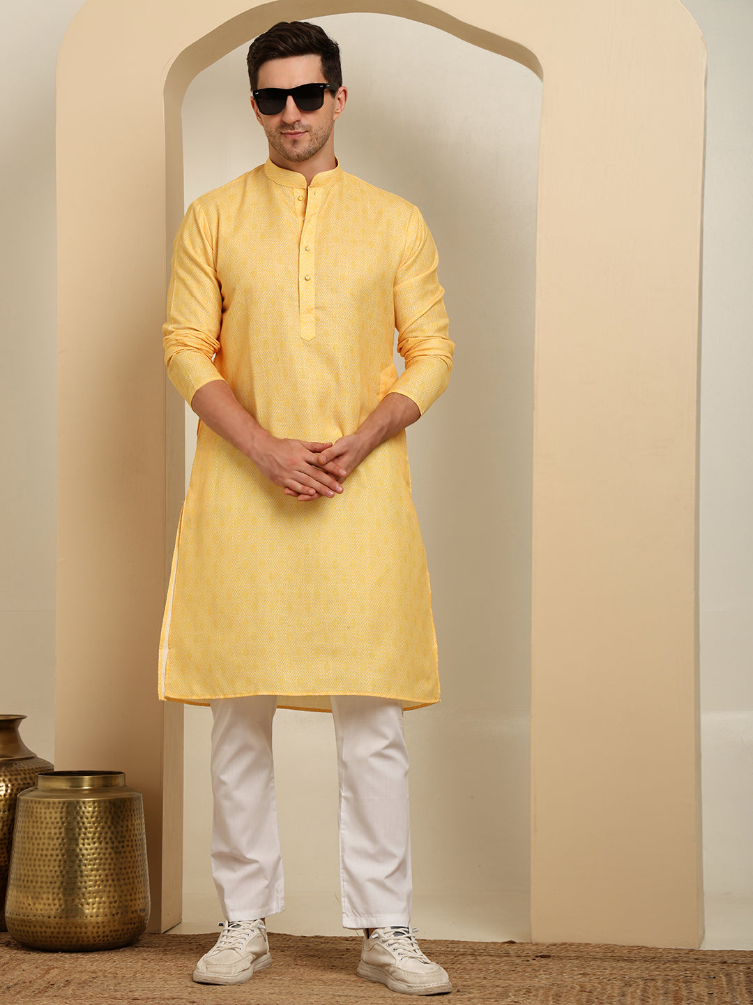 Geometric Printed Cotton Light Yellow Kurta with White Pajama – Ethnic Wear Set