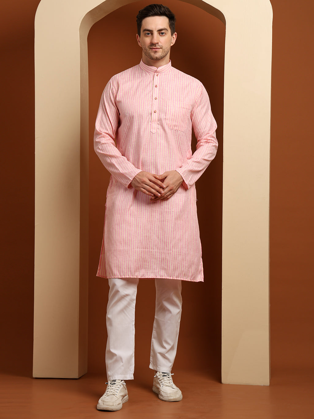 Pink & Yellow Striped Cotton Blend Kurta with White Pajama – Classic Ethnic Wear Set