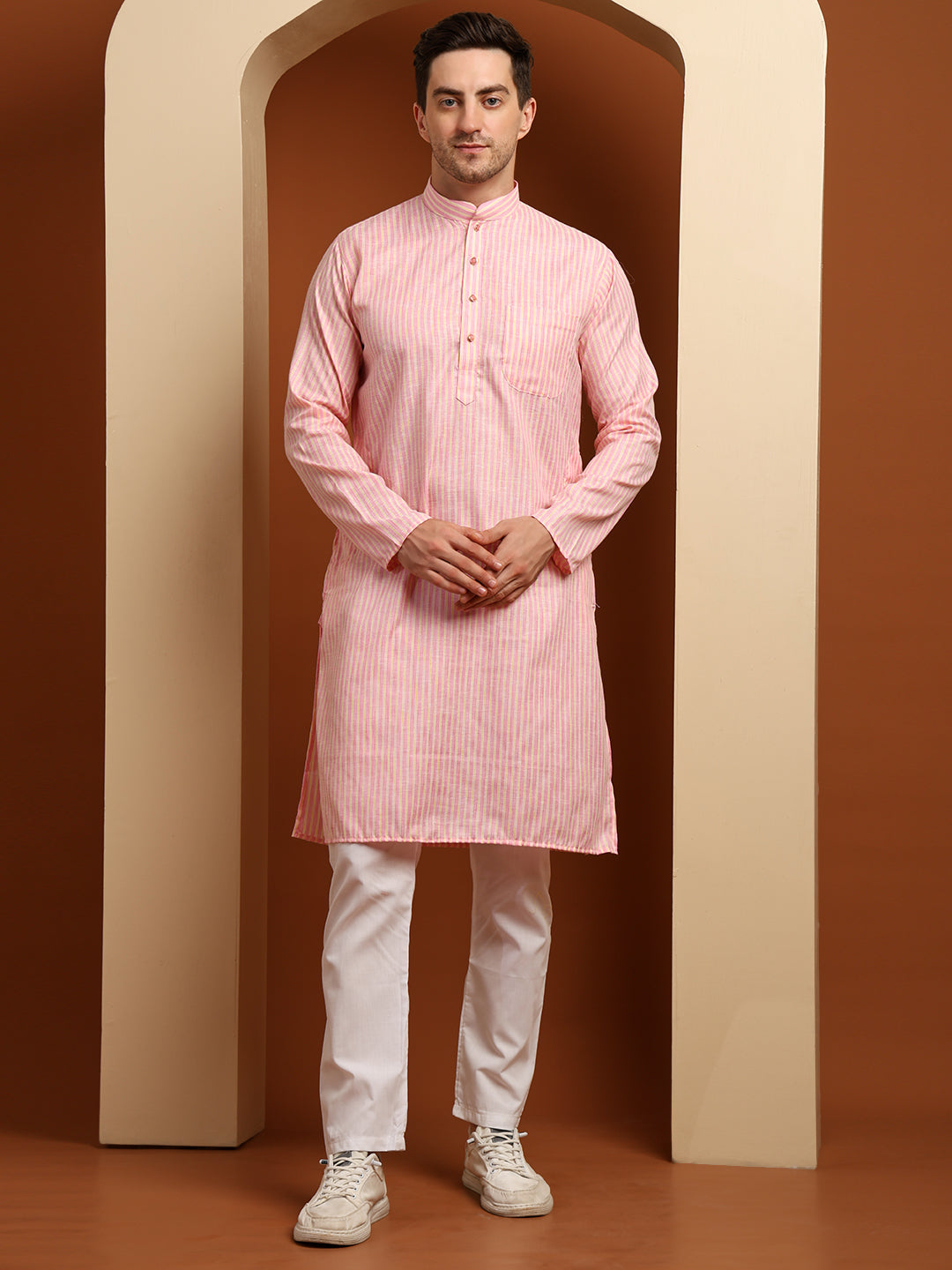 Pink & Yellow Striped Cotton Blend Kurta with White Pajama – Classic Ethnic Wear Set