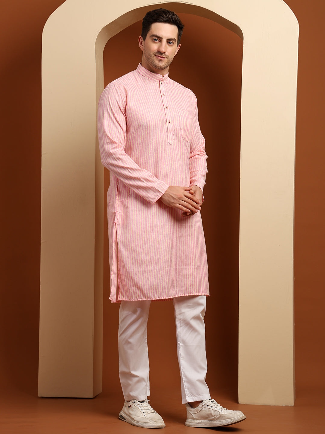 Pink & Yellow Striped Cotton Blend Kurta with White Pajama – Classic Ethnic Wear Set
