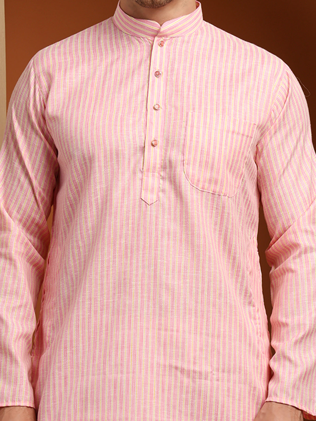 Pink & Yellow Striped Cotton Blend Kurta with White Pajama – Classic Ethnic Wear Set