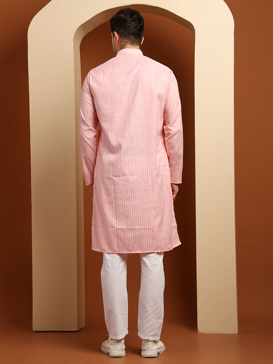 Pink & Yellow Striped Cotton Blend Kurta with White Pajama – Classic Ethnic Wear Set