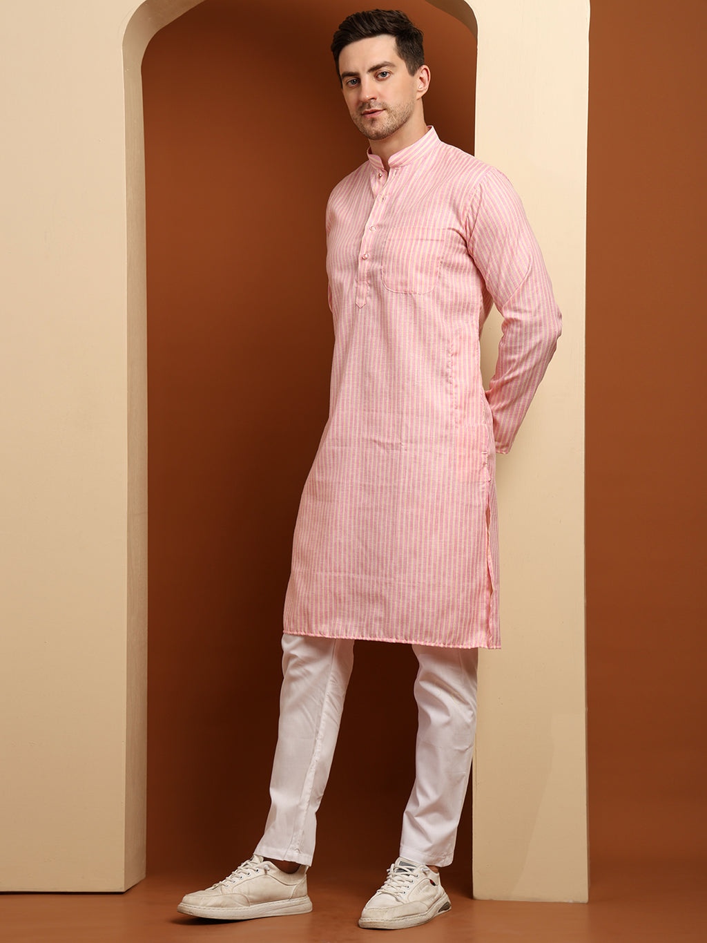 Pink & Yellow Striped Cotton Blend Kurta with White Pajama – Classic Ethnic Wear Set