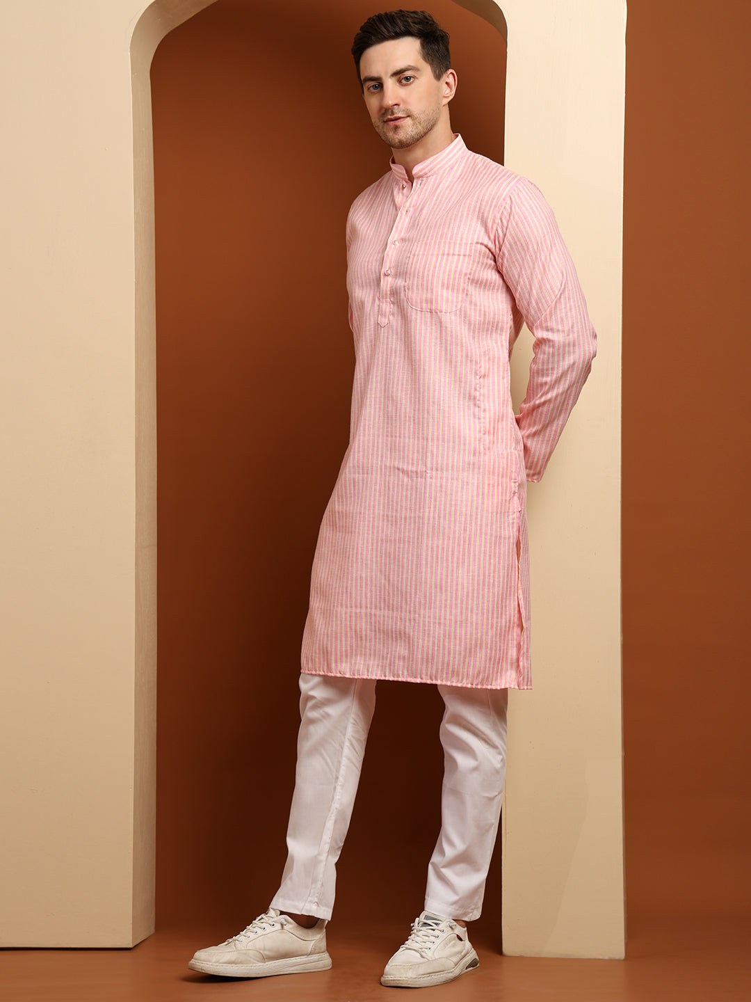 Pink & Yellow Striped Cotton Blend Kurta with White Pajama – Classic Ethnic Wear Set