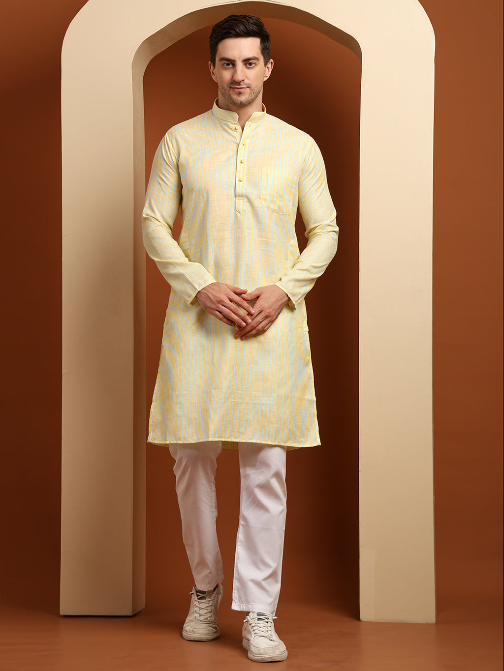 Yellow & Blue Striped Cotton Blend Kurta with White Pajama – Classic Ethnic Wear Set